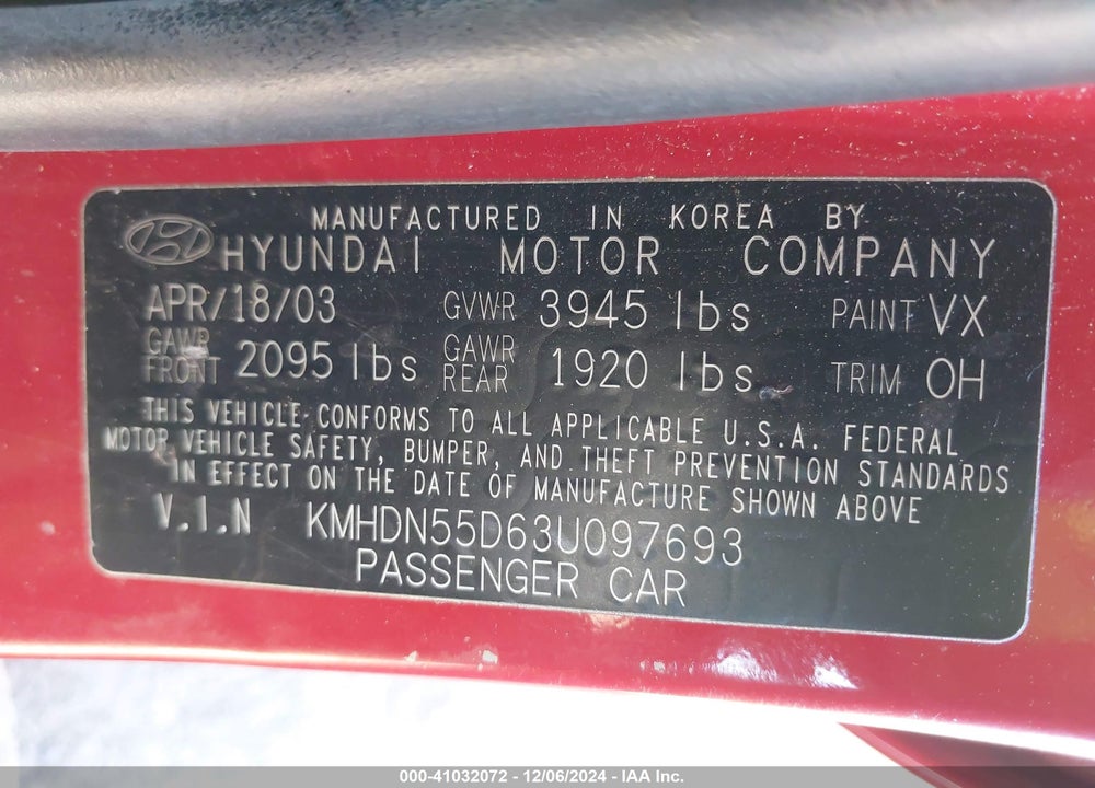 2003 HYUNDAI ELANTRA GT VIN: KMHDN55D63U097693