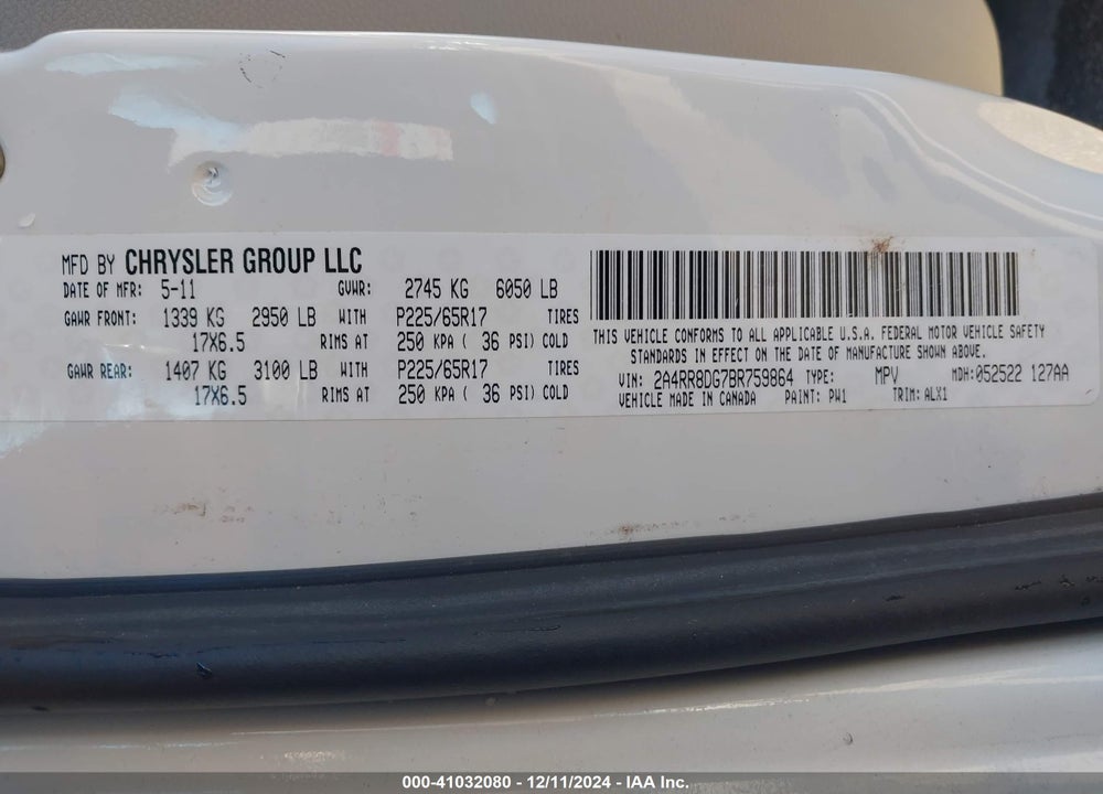 2011 CHRYSLER TOWN & COUNTRY TOURING-L VIN: 2A4RR8DG7BR759864