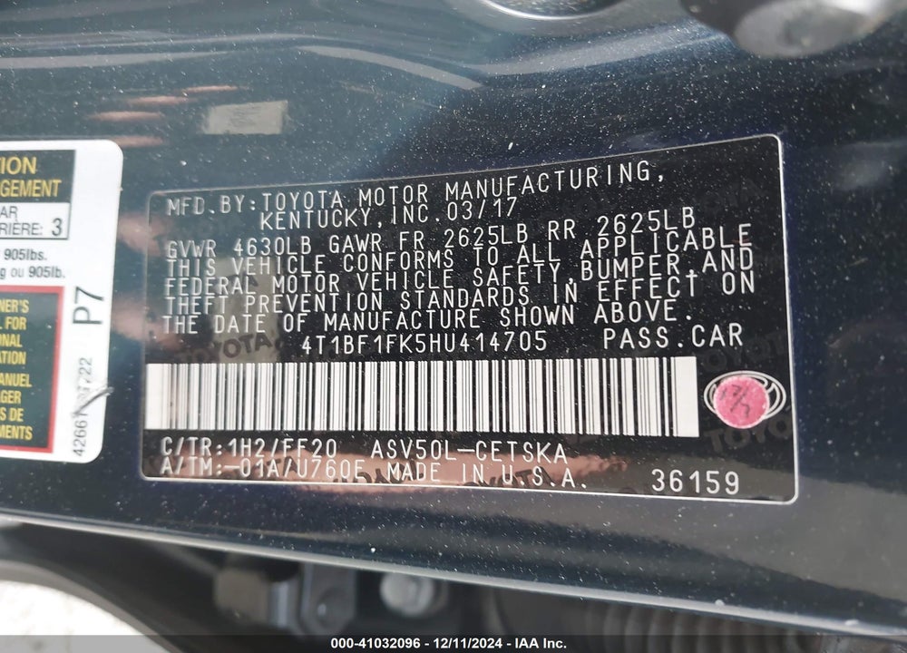 2017 TOYOTA CAMRY SE VIN: 4T1BF1FK5HU414705