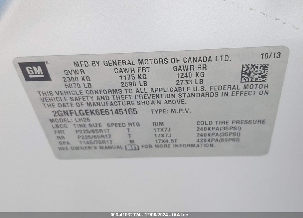 2014 CHEVROLET EQUINOX 2LT VIN: 2GNFLGEK6E6145165