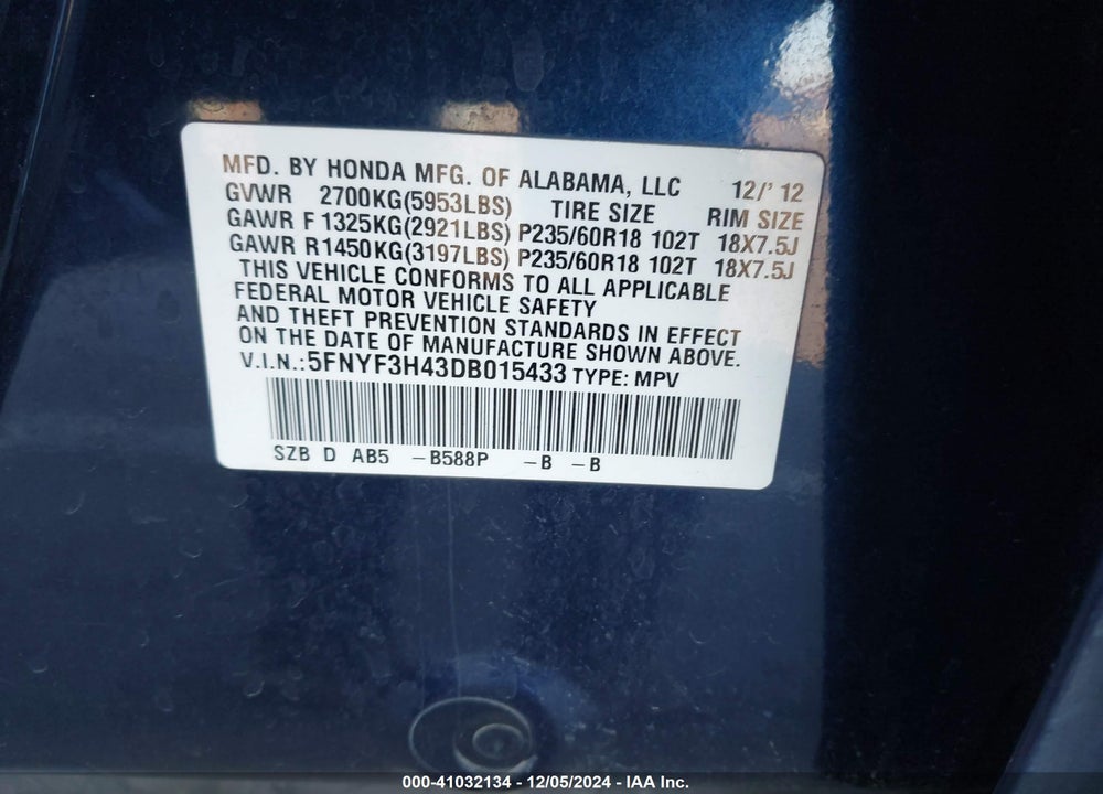 2013 HONDA PILOT EX VIN: 5FNYF3H43DB015433