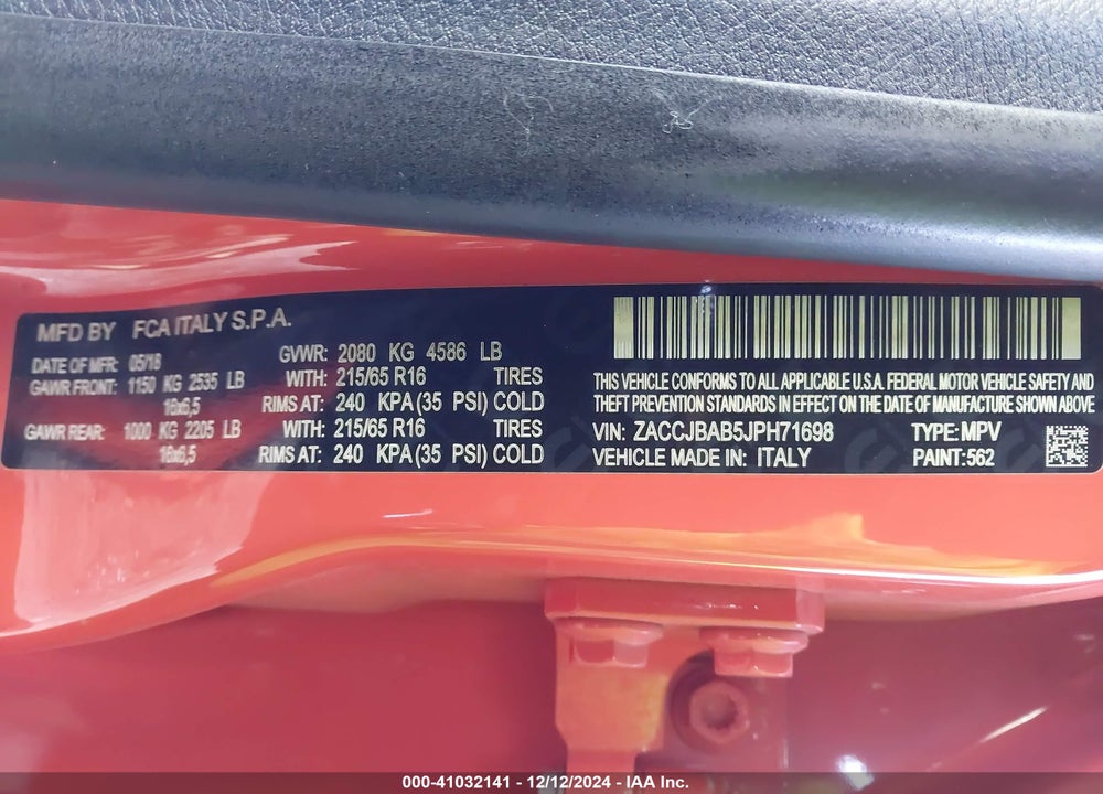 2018 JEEP RENEGADE SPORT 4X4 VIN: ZACCJBAB5JPH71698
