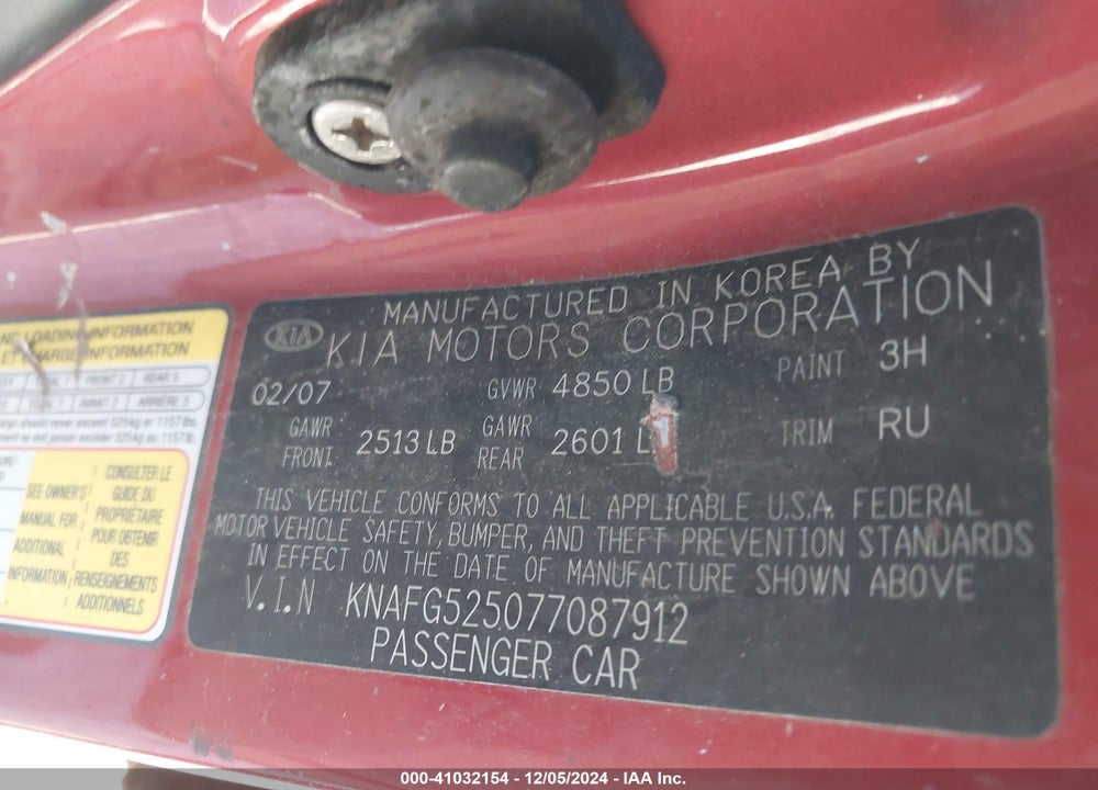 2007 KIA RONDO VIN: KNAFG525077087912