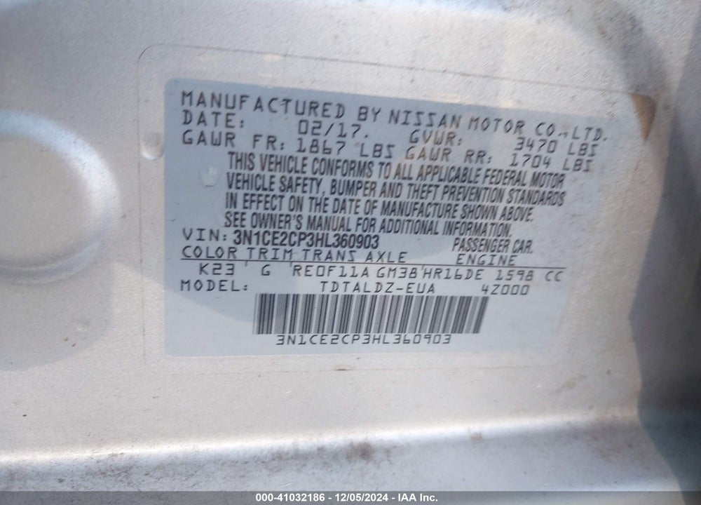 2017 NISSAN VERSA NOTE SV VIN: 3N1CE2CP3HL360903