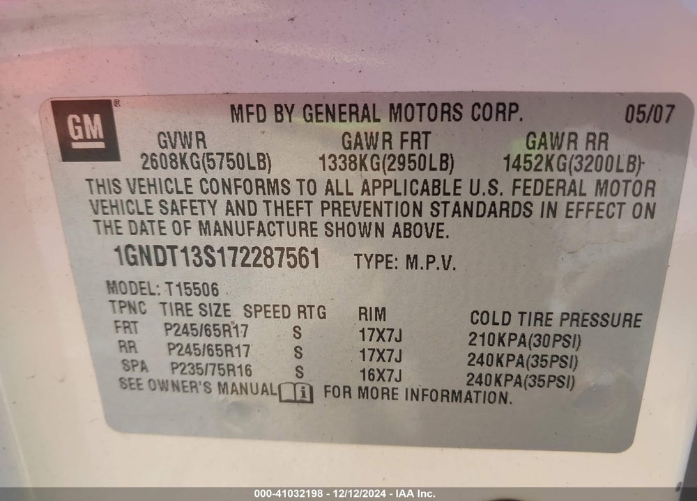 2007 CHEVROLET TRAILBLAZER LS VIN: 1GNDT13S172287561