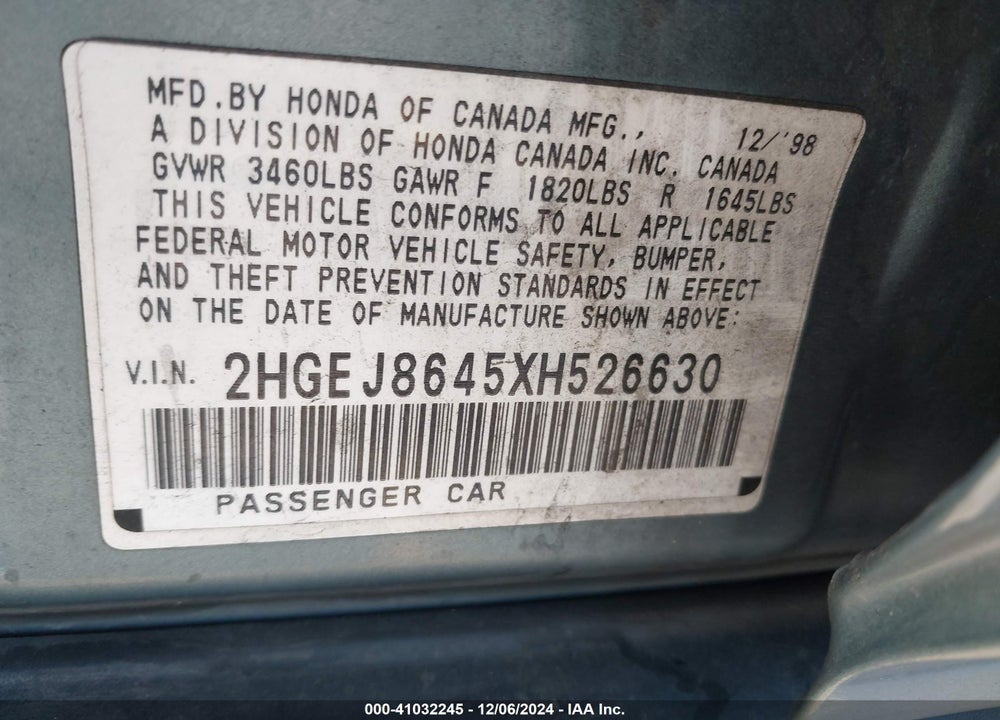 1999 HONDA CIVIC EX VIN: 2HGEJ8645XH526630