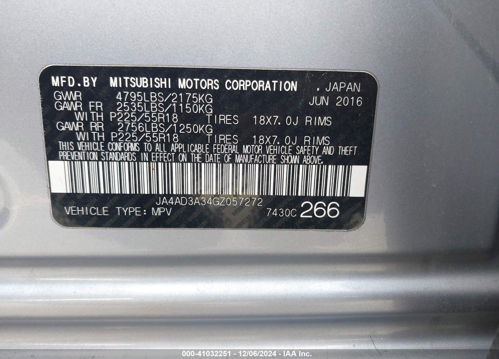 2016 MITSUBISHI OUTLANDER SE VIN: JA4AD3A34GZ057272