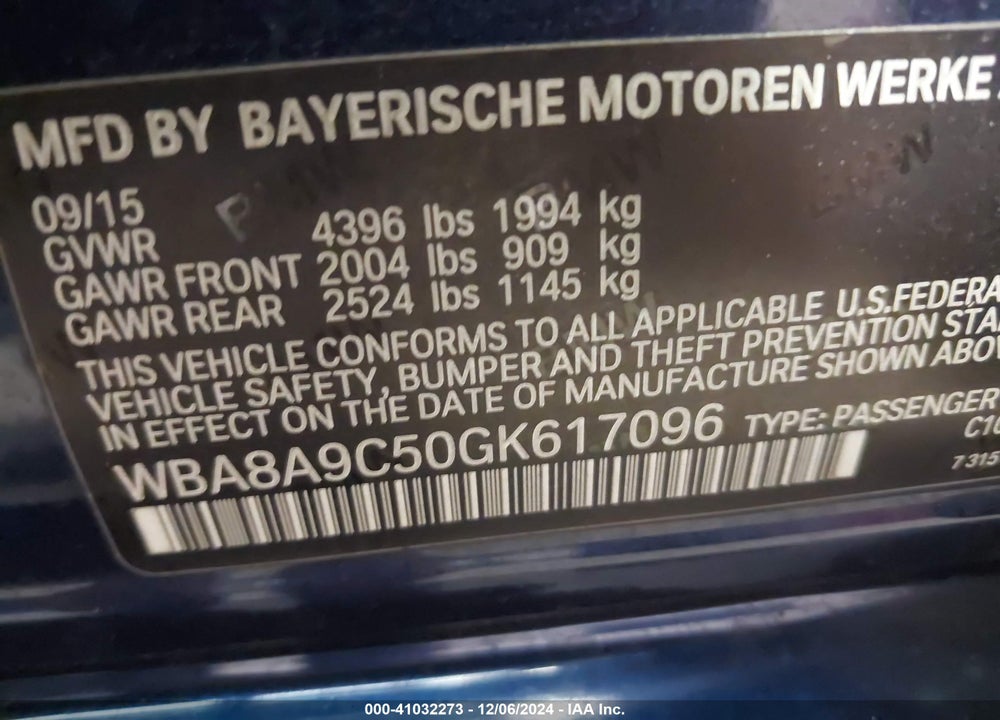 2016 BMW 320I VIN: WBA8A9C50GK617096