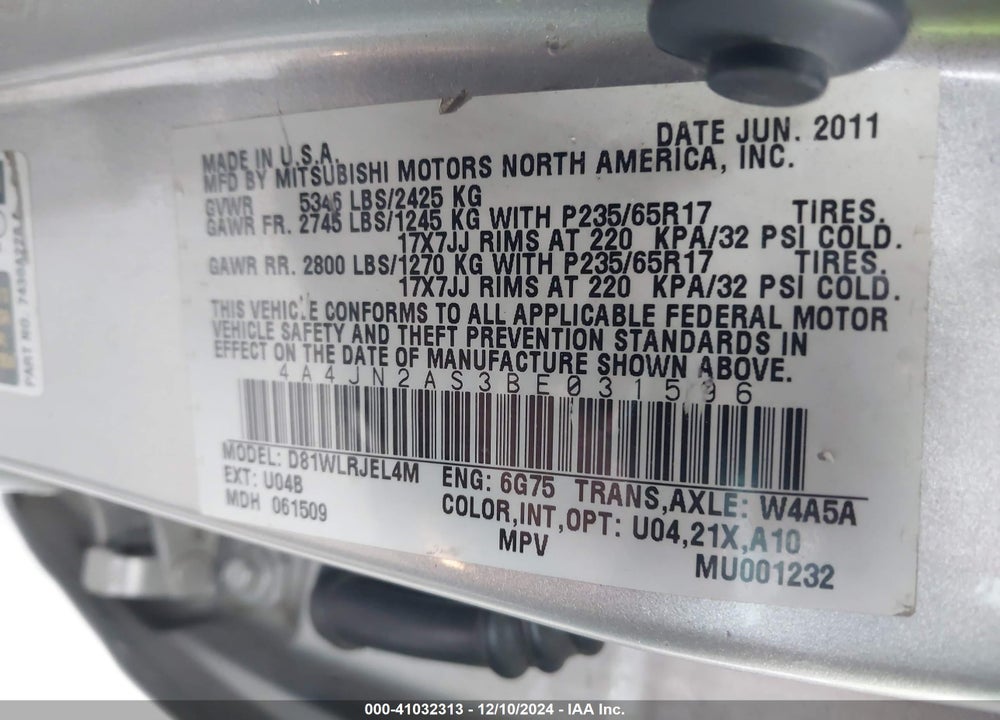 2011 MITSUBISHI ENDEAVOR VIN: 4A4JN2AS3BE031596