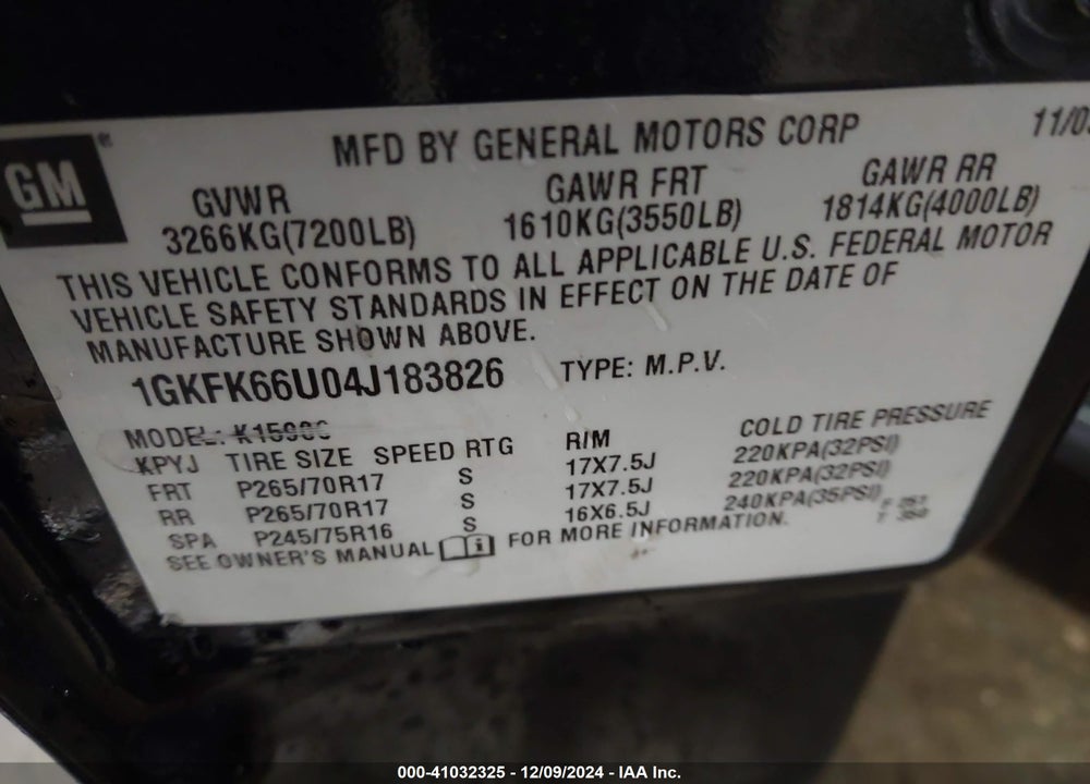 2004 GMC YUKON XL 1500 DENALI VIN: 1GKFK66U04J183826