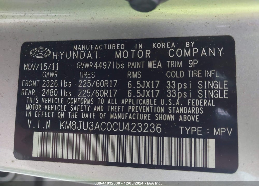 2012 HYUNDAI TUCSON GLS VIN: KM8JU3AC0CU423236