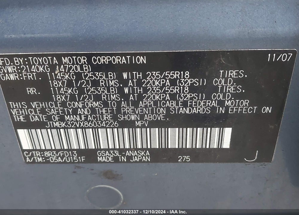 2008 TOYOTA RAV4 SPORT V6 VIN: JTMBK32VX86034226