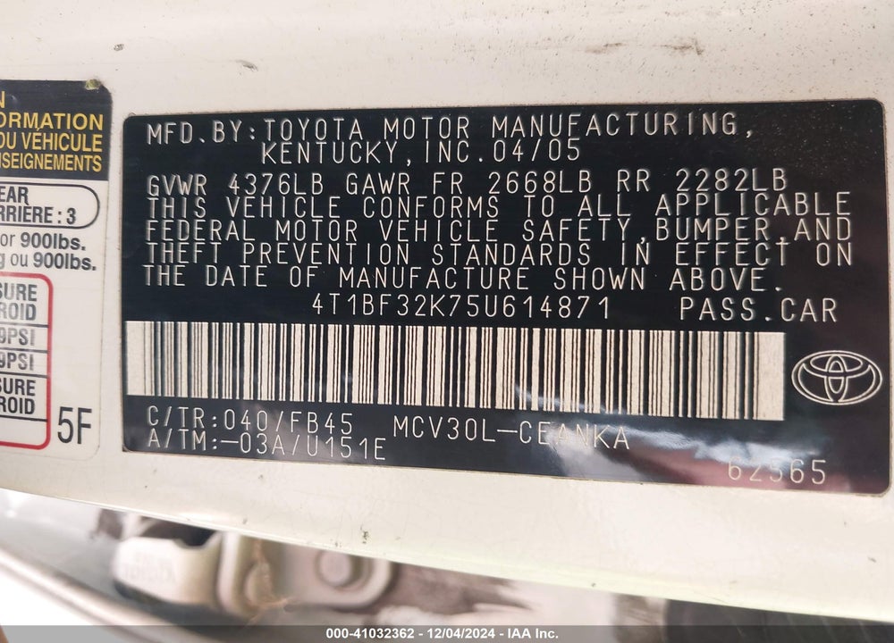 2005 TOYOTA CAMRY LE V6 VIN: 4T1BF32K75U614871