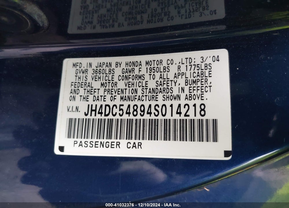 2004 ACURA RSX VIN: JH4DC54894S014218