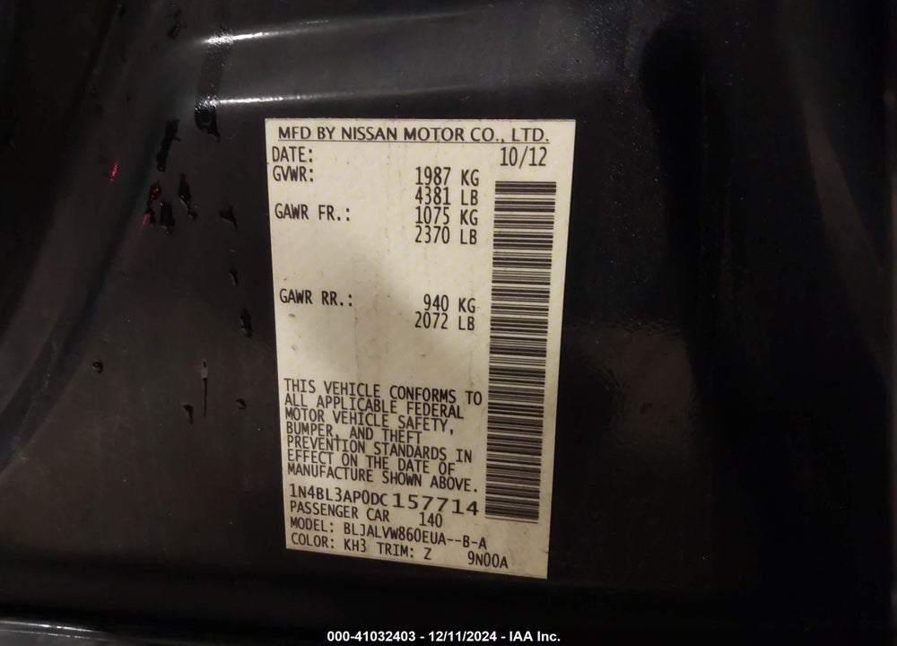 2013 NISSAN ALTIMA VIN: 1N4BL3AP0DC157714