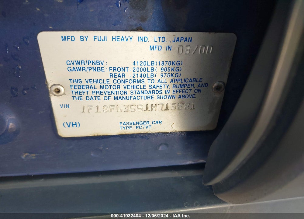 2001 SUBARU FORESTER L VIN: JF1SF63551H713681