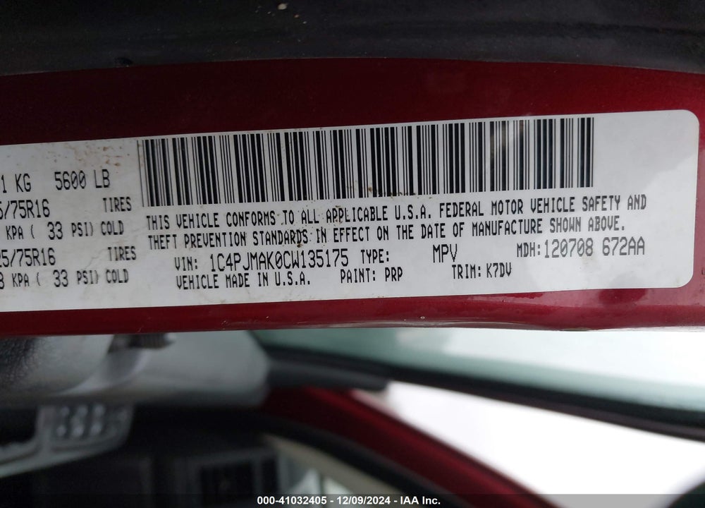 2012 JEEP LIBERTY SPORT VIN: 1C4PJMAK0CW135175