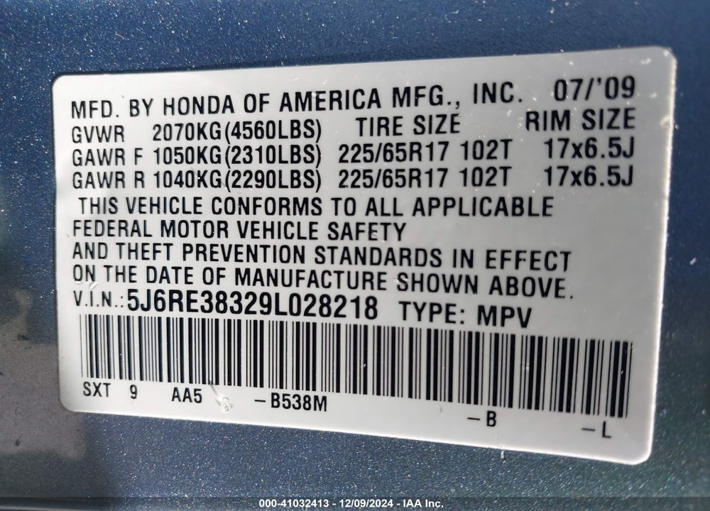 2009 HONDA CR-V LX VIN: 5J6RE38329L028218