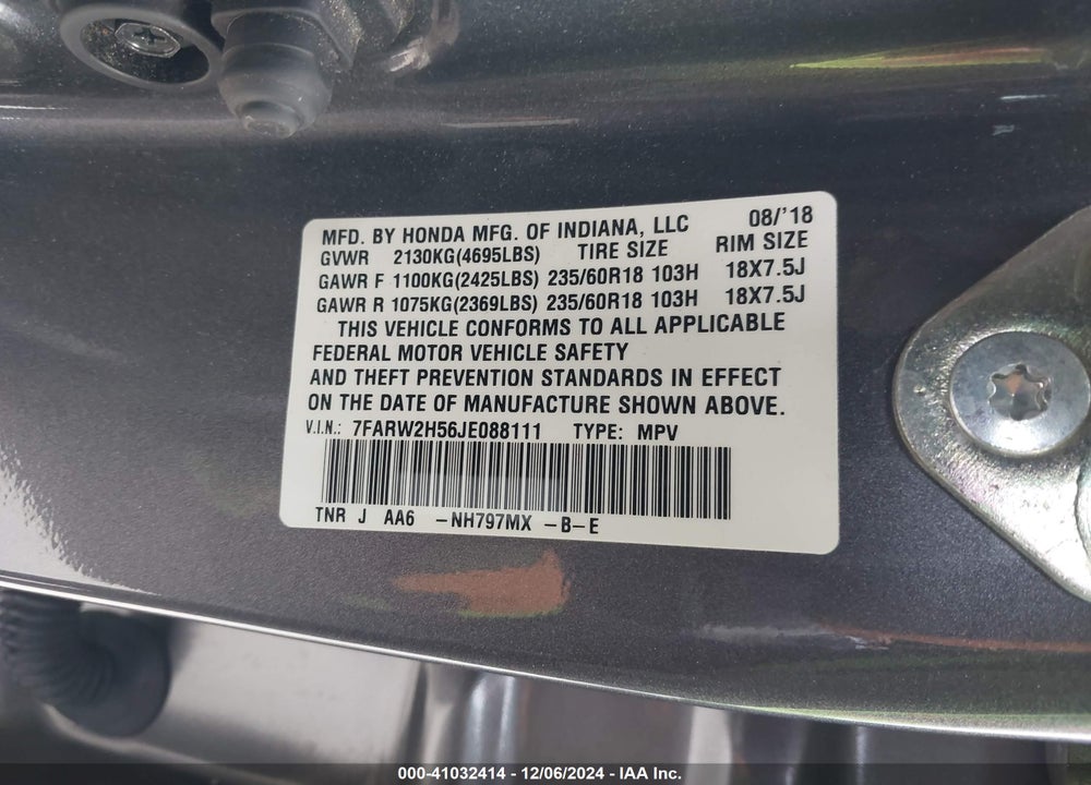 2018 HONDA CR-V VIN: 7FARW2H56JE088111