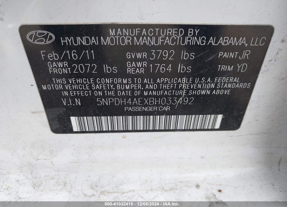 2011 HYUNDAI ELANTRA GLS VIN: 5NPDH4AEXBH033492