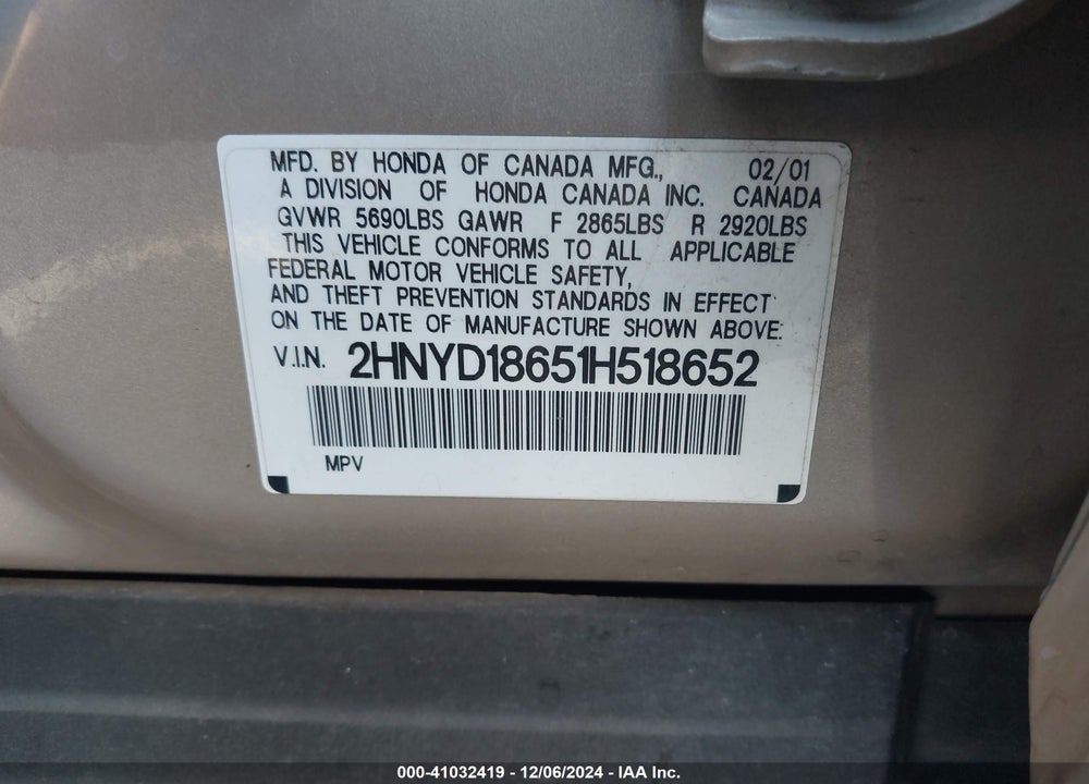 2001 ACURA MDX VIN: 2HNYD18651H518652