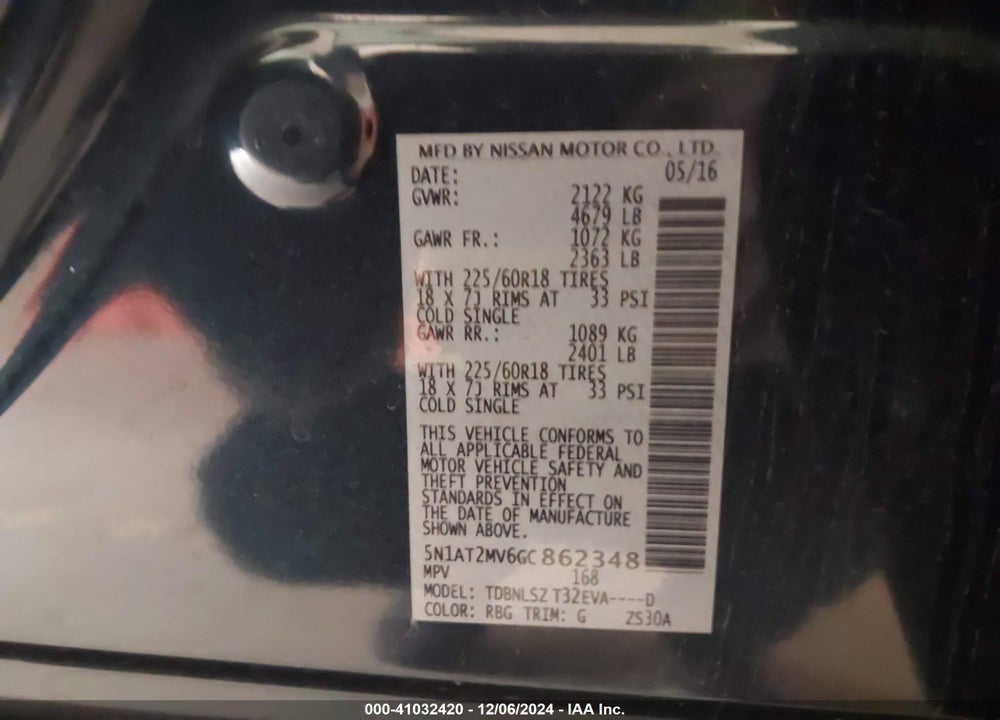 2016 NISSAN ROGUE SL VIN: 5N1AT2MV6GC862348