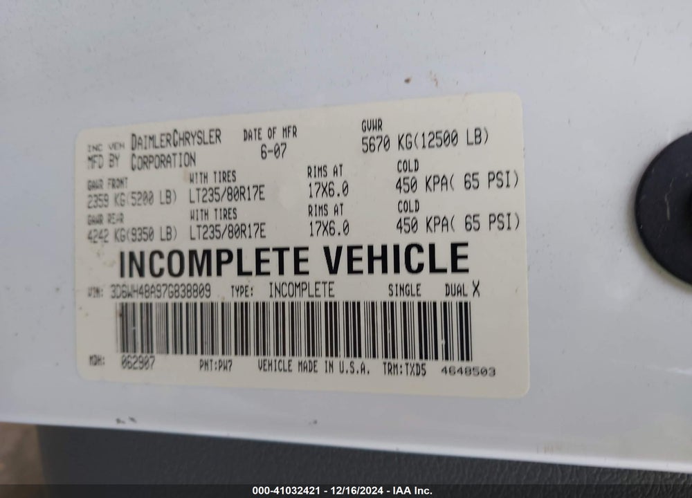 2007 DODGE RAM 3500 HD CHASSIS ST/SLT/LARAMIE VIN: 3D6WH48A97G838809