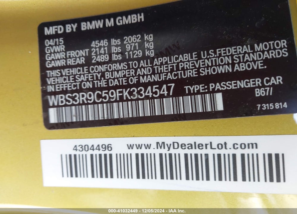 2015 BMW M4 VIN: WBS3R9C59FK334547