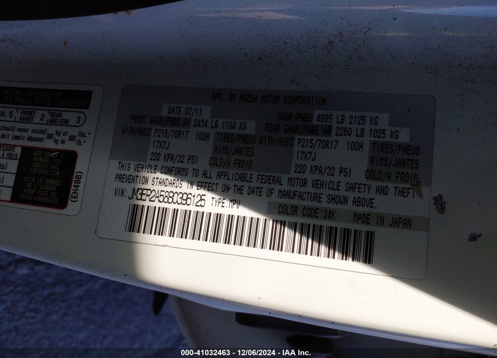 2011 MAZDA CX-7 I SV VIN: JM3ER2A58B0396125