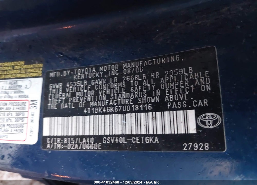 2007 TOYOTA CAMRY XLE V6 VIN: 4T1BK46K67U018116