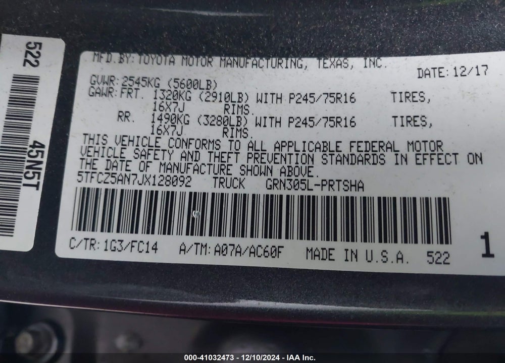 2018 TOYOTA TACOMA SR5 V6 VIN: 5TFCZ5AN7JX128092