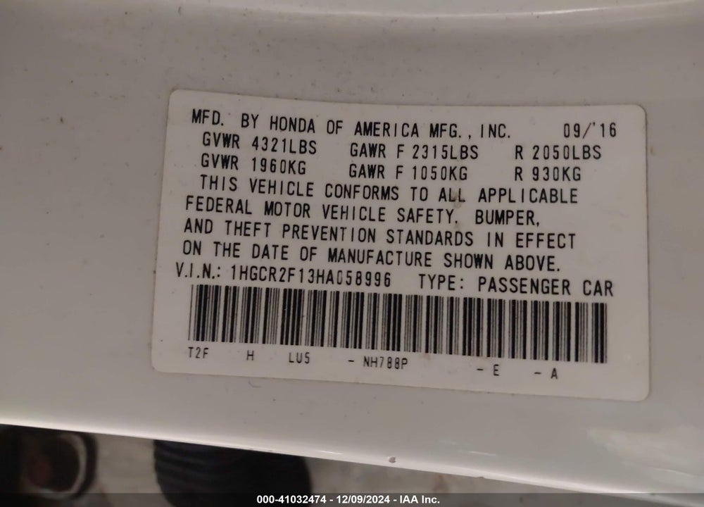 2017 HONDA ACCORD SPORT SE VIN: 1HGCR2F13HA058996