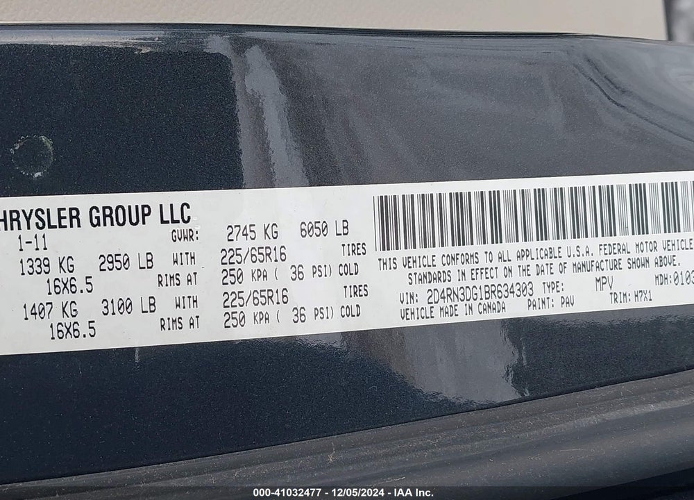 2011 DODGE GRAND CARAVAN MAINSTREET VIN: 2D4RN3DG1BR634303