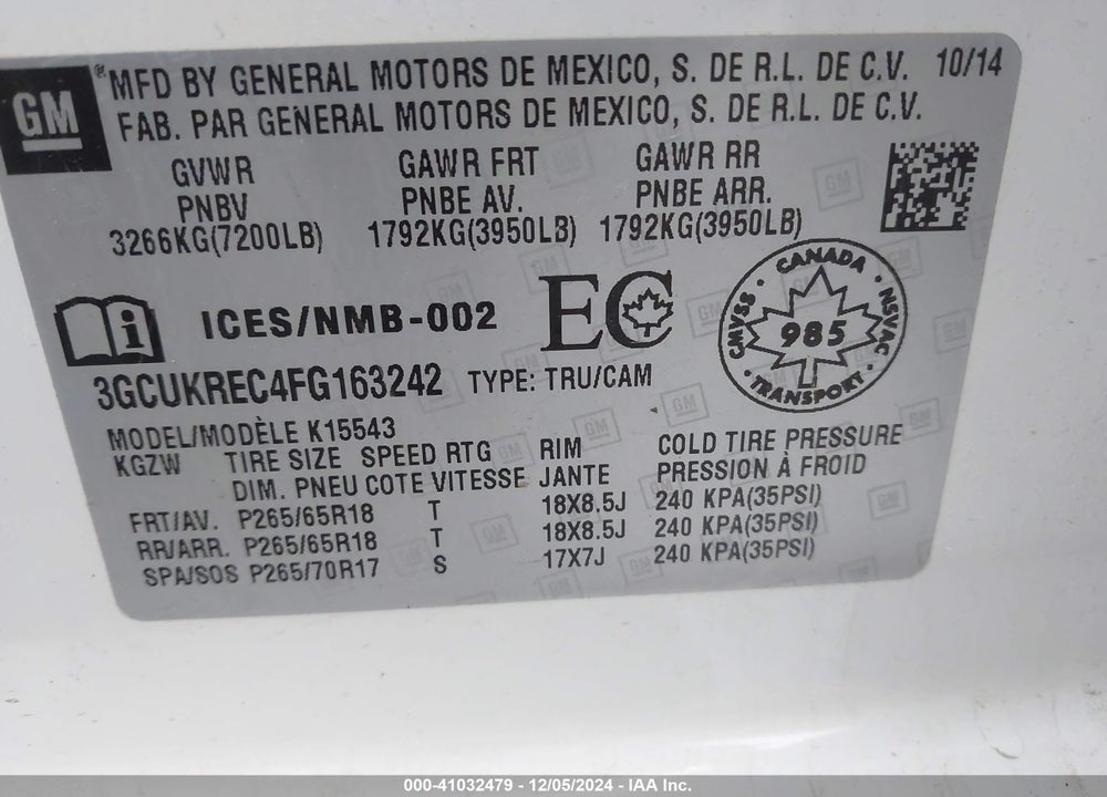 2015 CHEVROLET SILVERADO 1500 1LT/2LT VIN: 3GCUKREC4FG163242