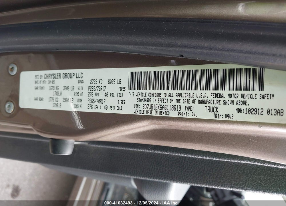 2010 DODGE RAM 1500 ST VIN: 3D7JB1EK6AG118619