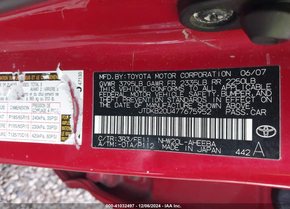 2007 TOYOTA PRIUS VIN: JTDKB20U477675952
