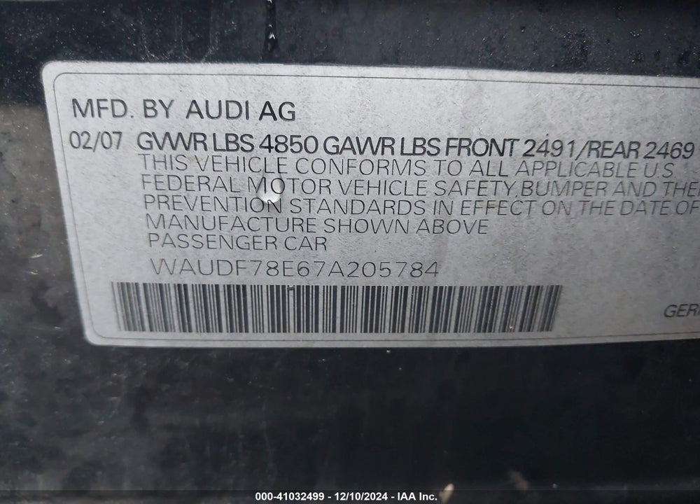 2007 AUDI A4 2.0T VIN: WAUDF78E67A205784