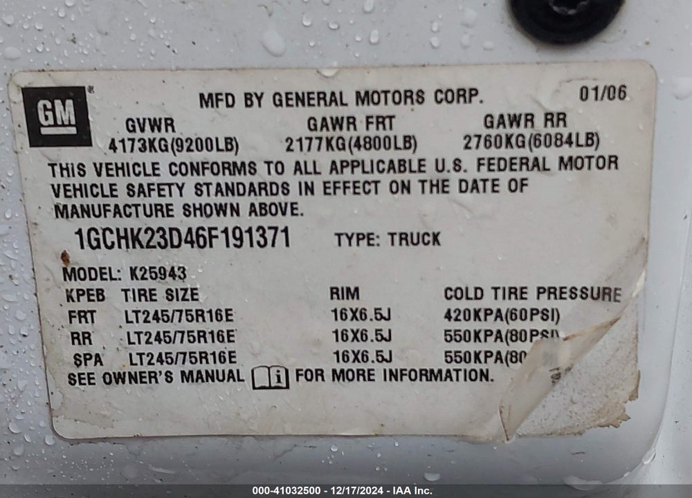 2006 CHEVROLET SILVERADO 2500HD LT3 VIN: 1GCHK23D46F191371