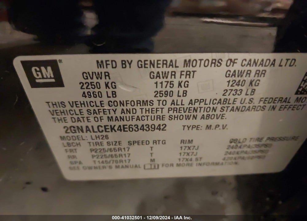 2014 CHEVROLET EQUINOX VIN: 2GNALCEK4E6343942