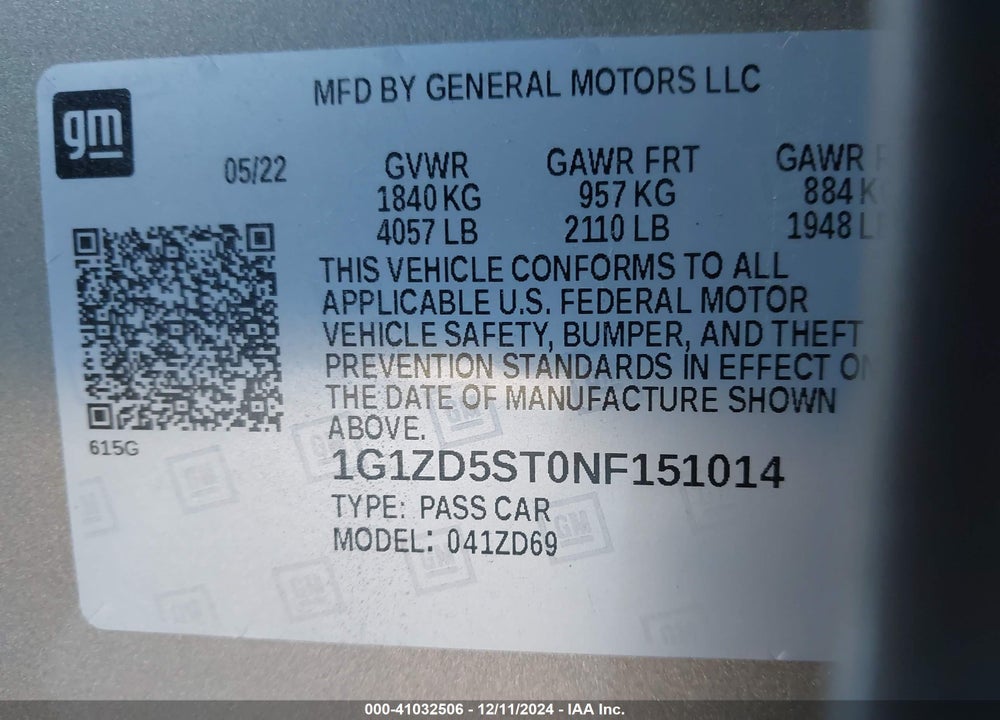 2022 CHEVROLET MALIBU FWD LT VIN: 1G1ZD5ST0NF151014