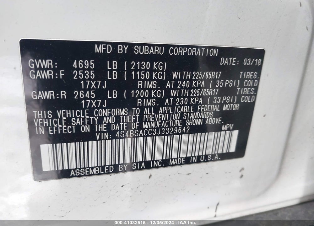 2018 SUBARU OUTBACK 2.5I PREMIUM VIN: 4S4BSACC3J3329642