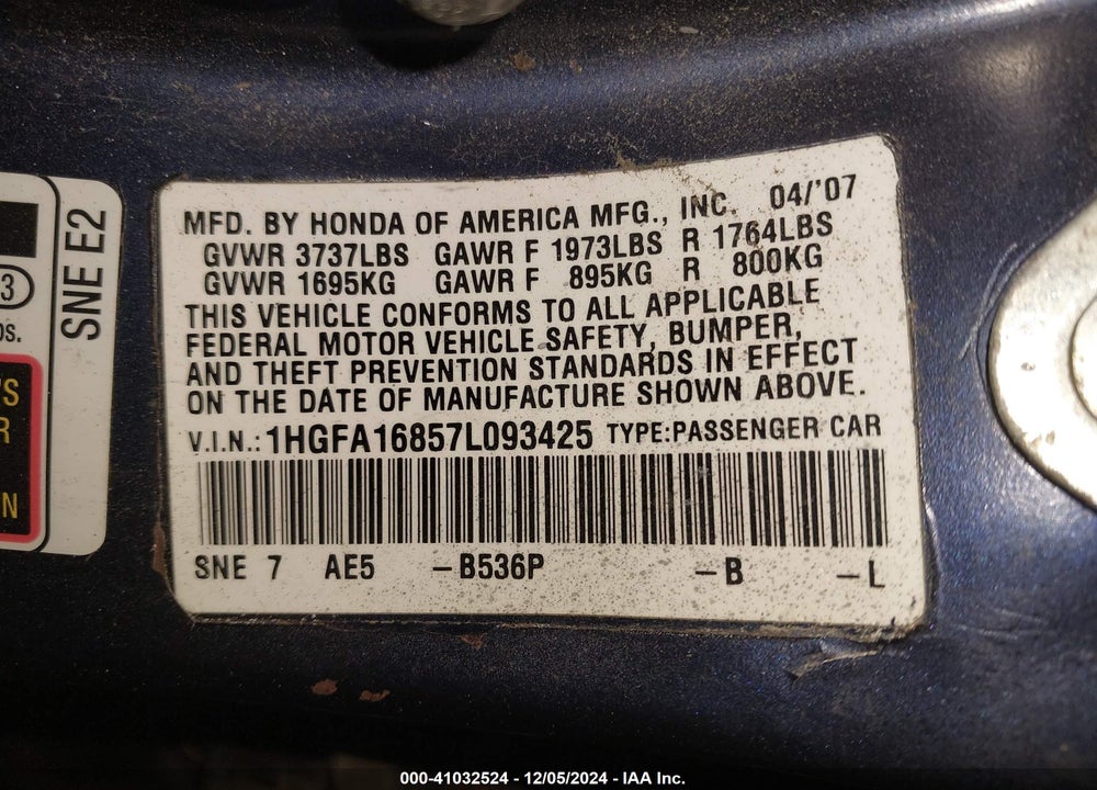 2007 HONDA CIVIC VIN: 1HGFA16857L093425