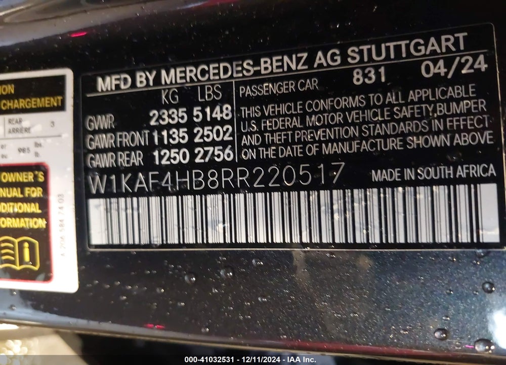2024 MERCEDES-BENZ C 300 VIN: W1KAF4HB8RR220517