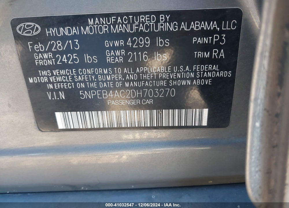 2013 HYUNDAI SONATA VIN: 5NPEB4AC2DH703270