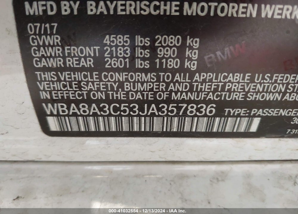 2018 BMW 320I XDRIVE VIN: WBA8A3C53JA357836