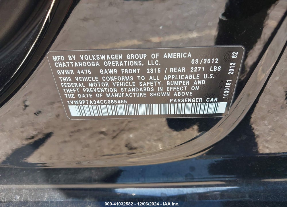 2012 VOLKSWAGEN PASSAT 2.5L SE VIN: 1VWBP7A34CC065455