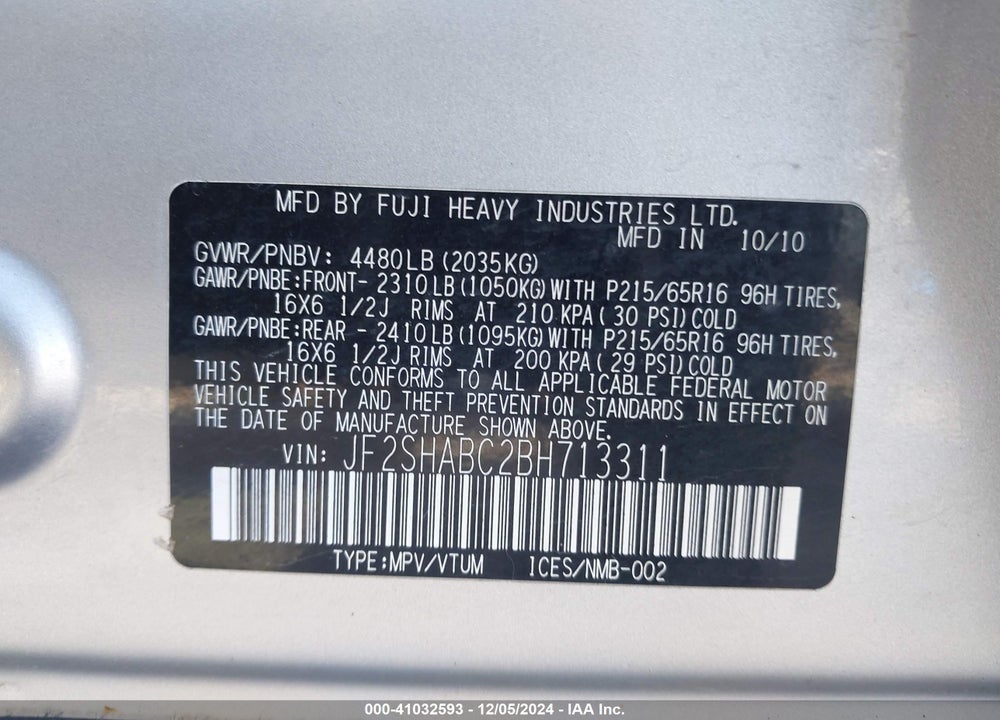 2011 SUBARU FORESTER 2.5X VIN: JF2SHABC2BH713311