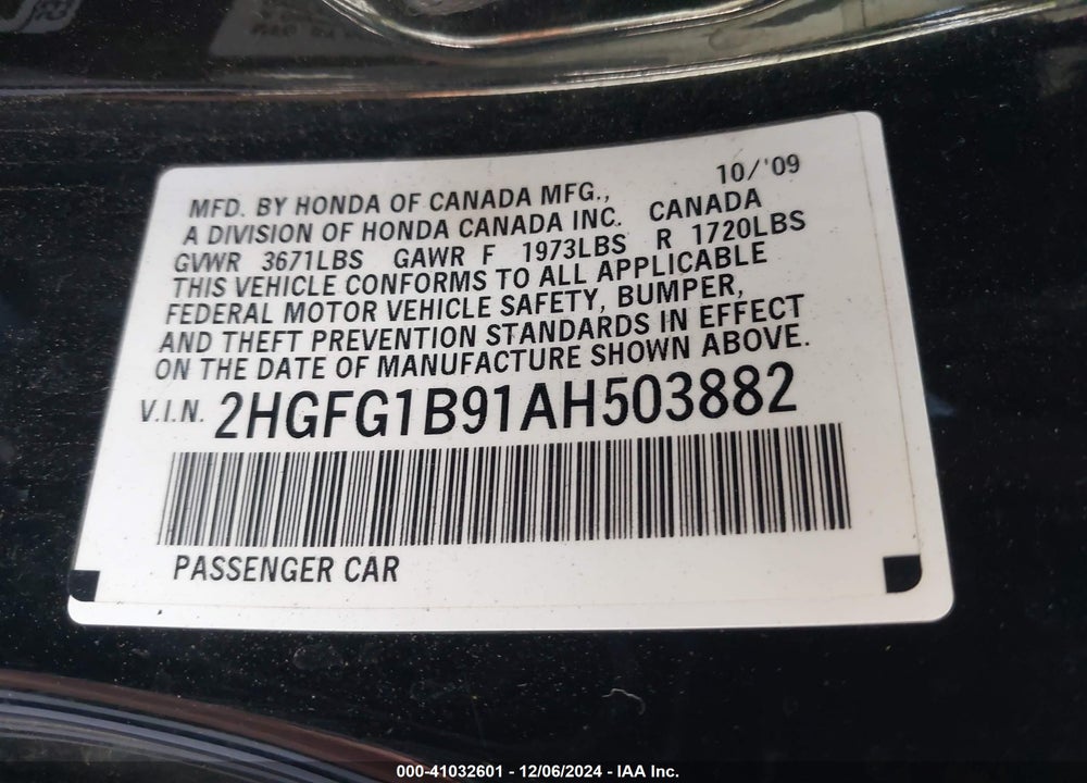 2010 HONDA CIVIC EX-L VIN: 2HGFG1B91AH503882