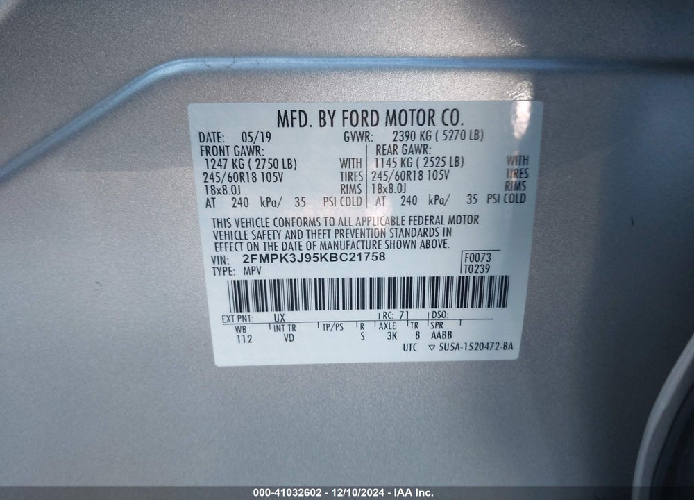 2019 FORD EDGE SEL VIN: 2FMPK3J95KBC21758