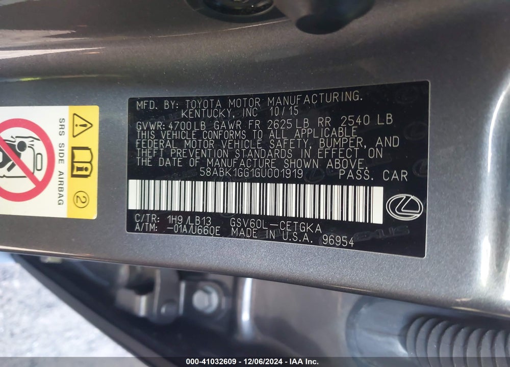 2016 LEXUS ES 350 VIN: 58ABK1GG1GU001919